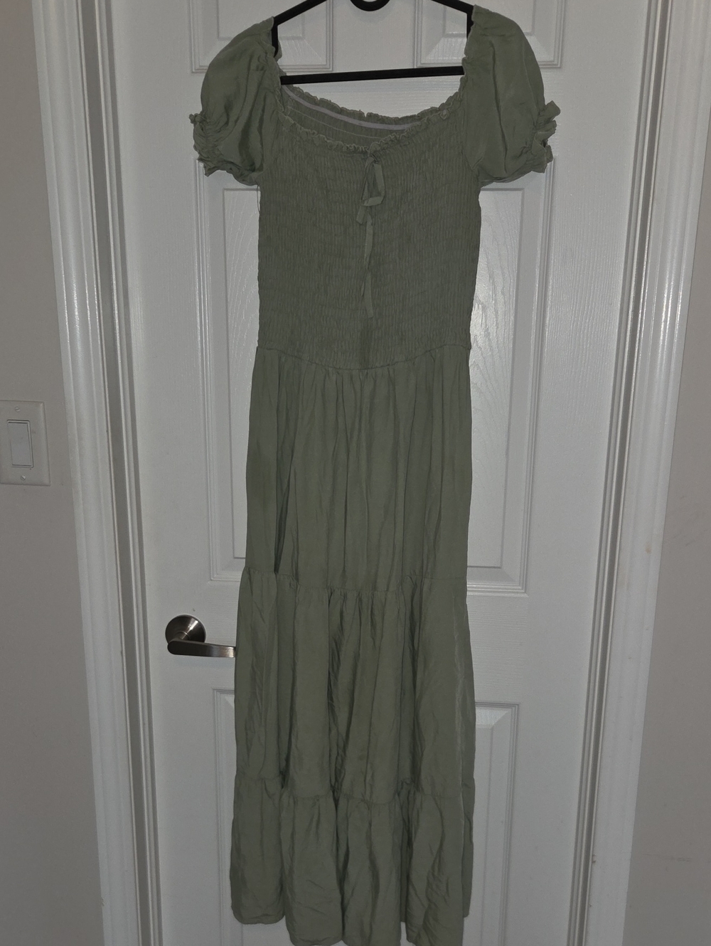 Smocked Puff-Sleeve Maxi Dress in Sage Green